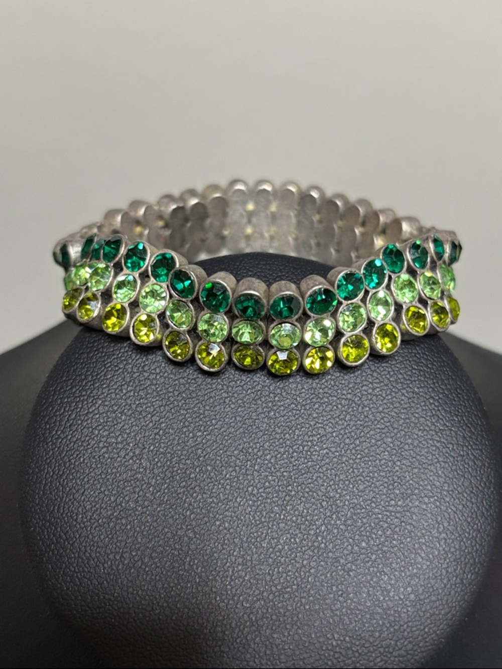 Vintage Three Row Vintage Green Rhinestone Stretch Bracelet Hinged Ladder Links